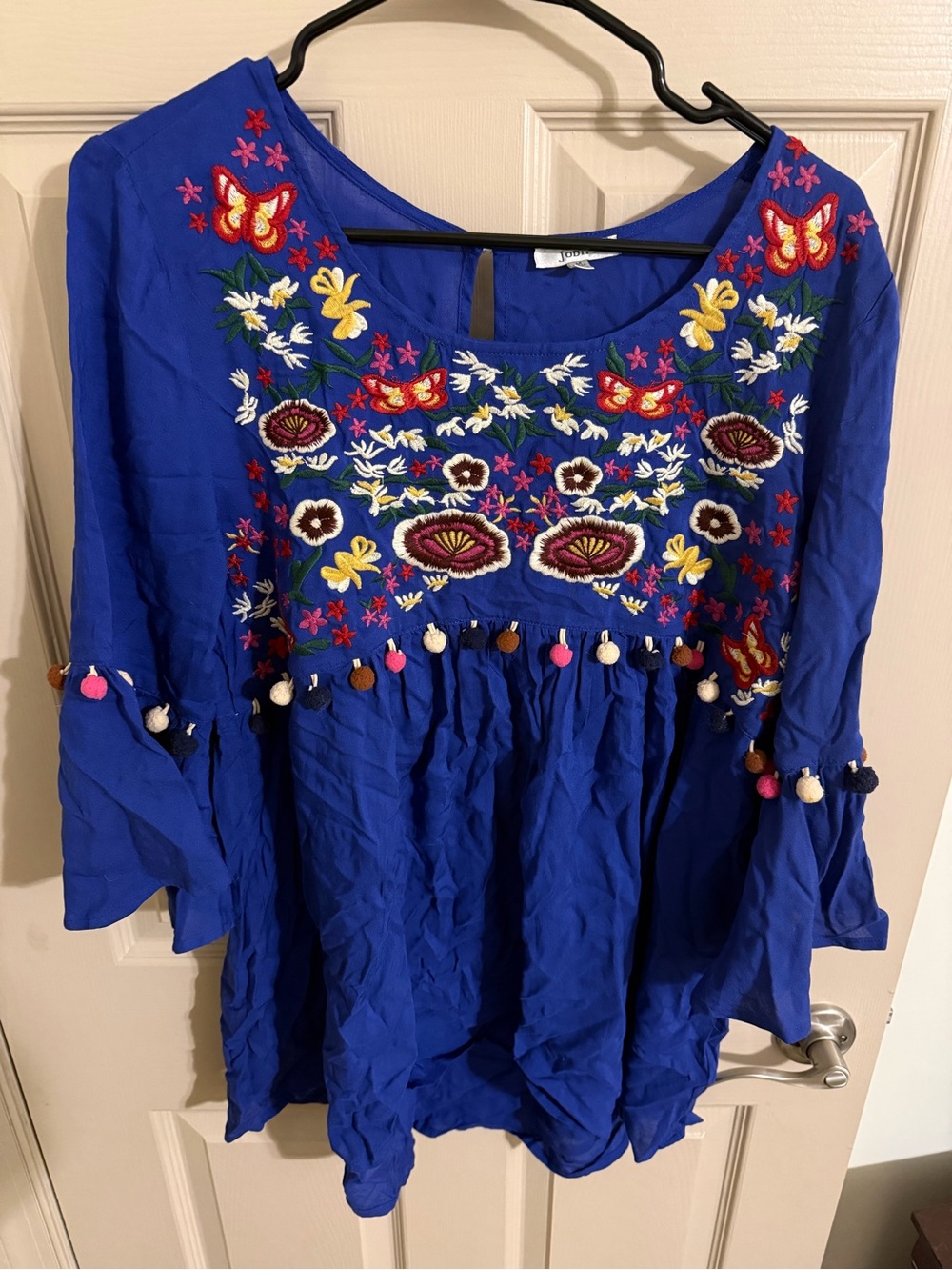 JODIFL Royal Blue Embroidered Boho Tunic with Pom-Pom Trim